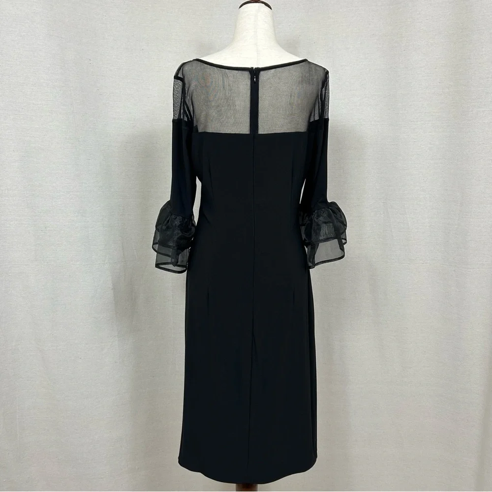 MARINA Black Illusion Yoke Bell Sleeve Sheath Dress Size 10